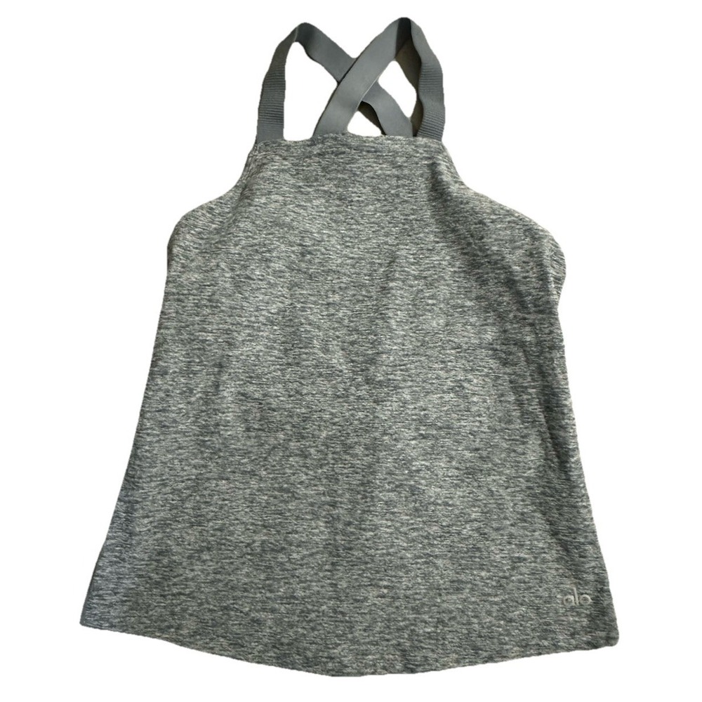 ALO Womens Yoga Tank Top Heathered Grey size Large Strappy‎ Low cut Back